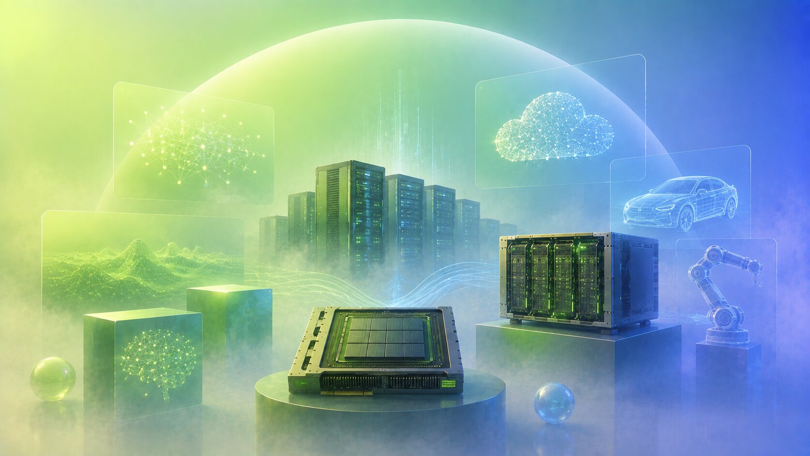 NVIDIA AI era with data center GPUs, Blackwell systems, AI factories, Jensen Huang keynote stage, and green enterprise branding.