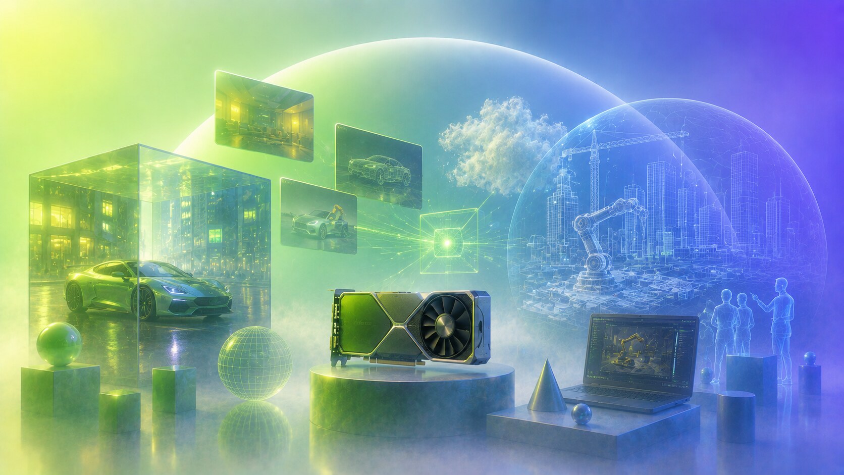 NVIDIA RTX and Omniverse branding with ray tracing, simulation, digital twins, creators, and high-end visual computing.