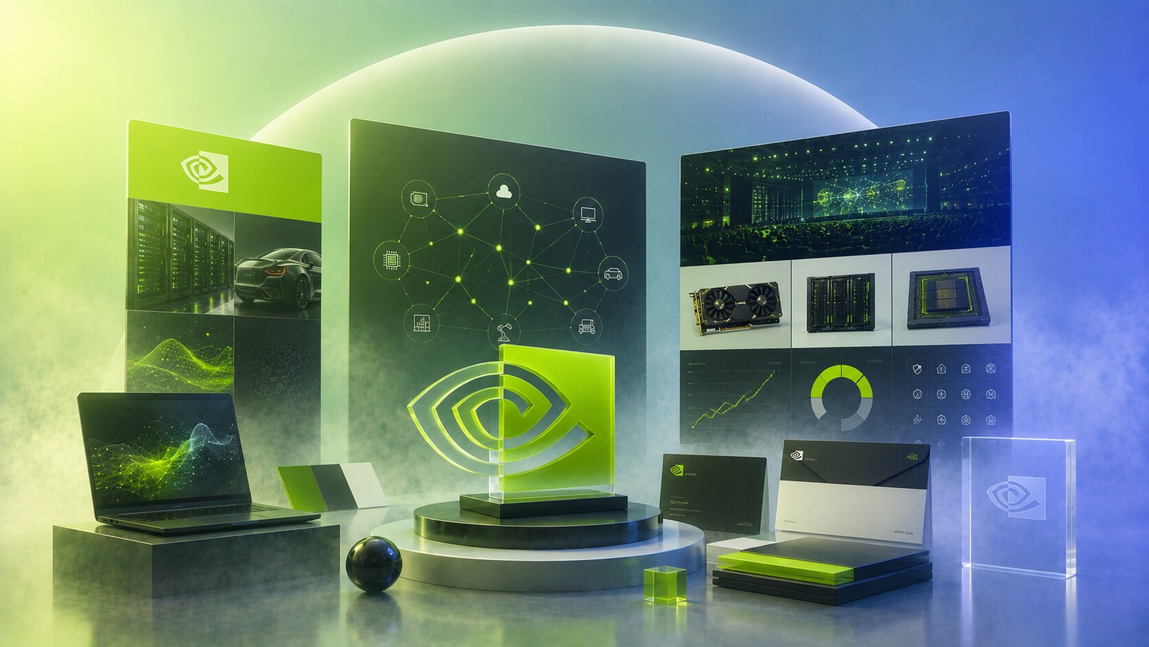 Modern NVIDIA brand system with green eye logo, black and white contrast, product platforms, developer events, and strict logo rules.