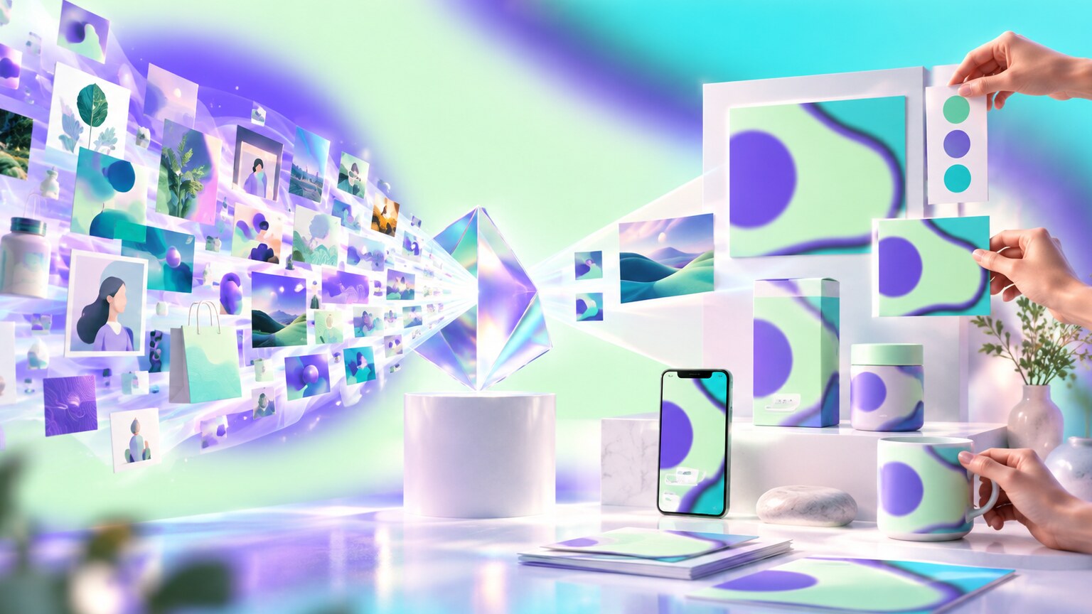Future branding workflow where AI generates many logos, illustrations and copy options while human teams choose, own and consistently operate the system.