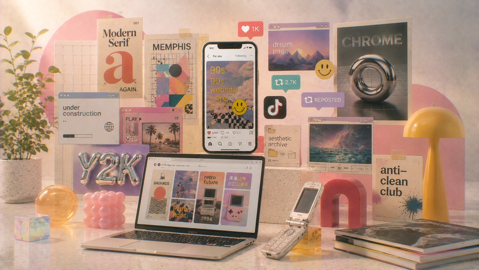 Examples of repeating styles in graphic design such as serif comebacks, skeuomorphic touches, chrome type, and anti-clean layouts.