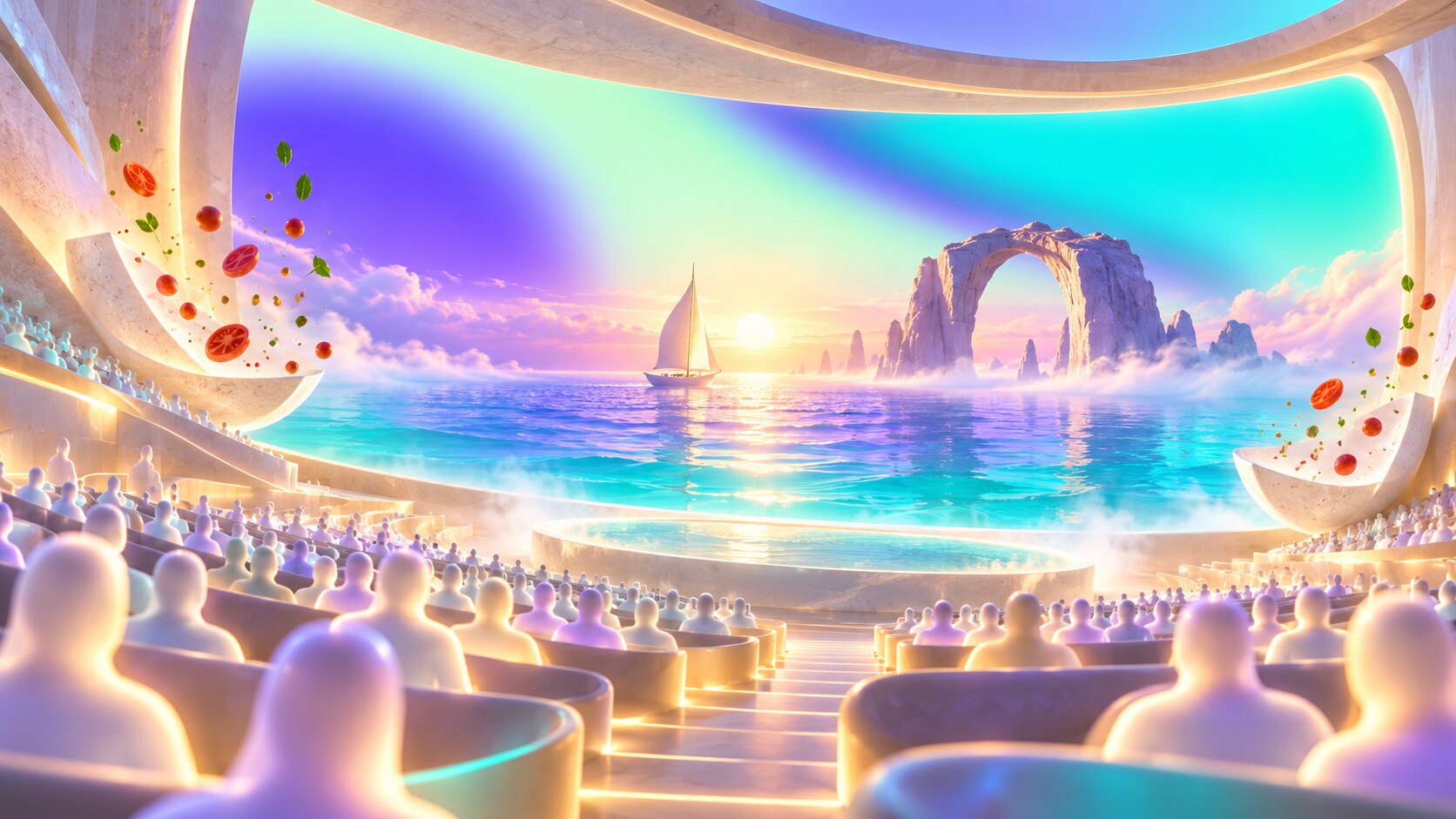 Cinema audience watching Christopher Nolan's The Odyssey in a large IMAX auditorium as an intentional film event.