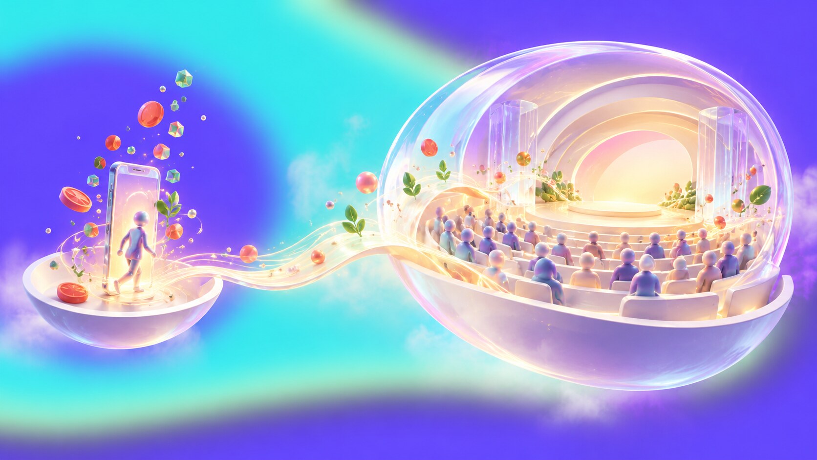 Split scene comparing a passing mobile ad with an audience choosing a long IMAX cinema experience.