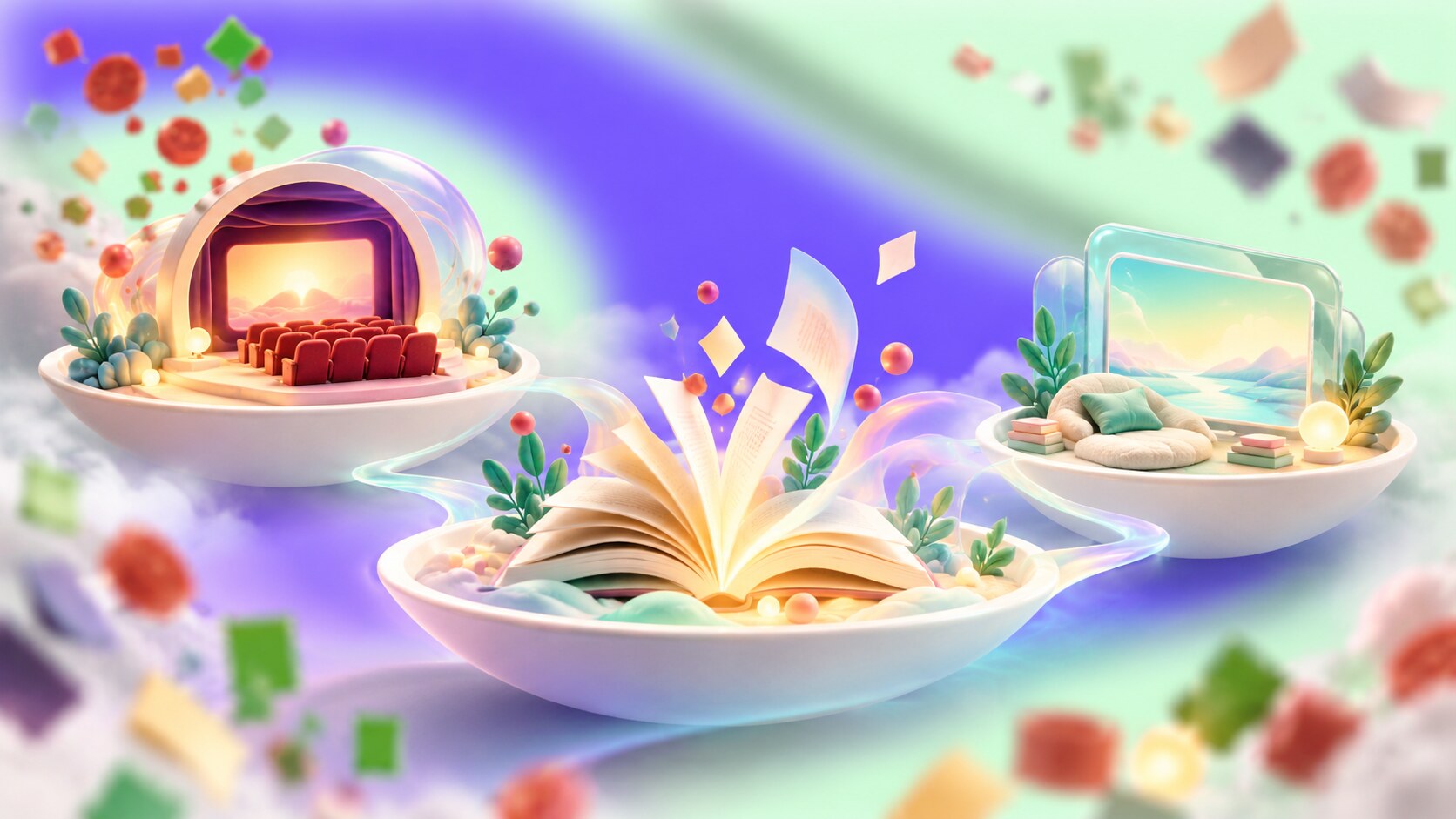 Quiet bookstore, cinema and focused digital experience offering alternatives to a crowded social media feed.