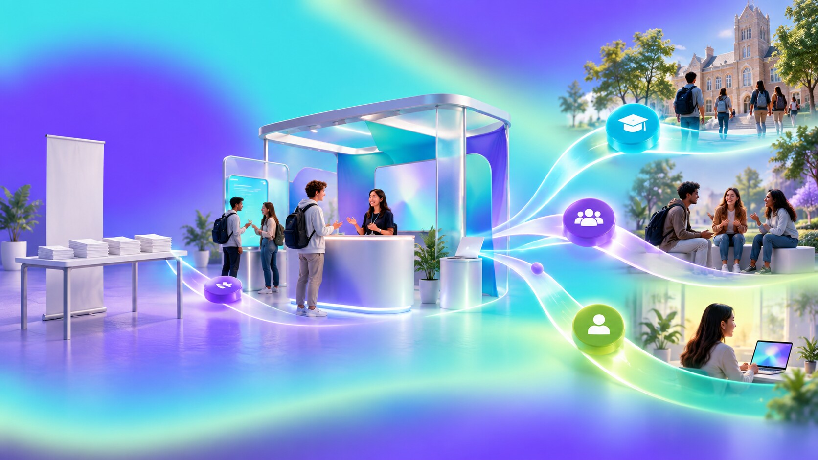 Evolution of university recruitment stands from brochure tables to modular interactive roadshows with personalized digital follow-up.