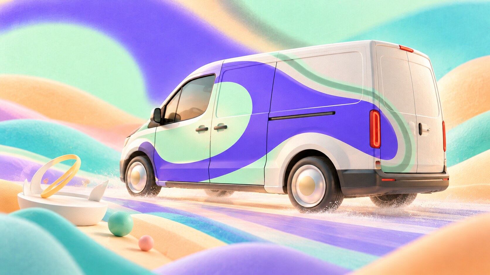 Matte abstract delivery van with a wrap graphic flowing across its doors, panels and wheel arches.