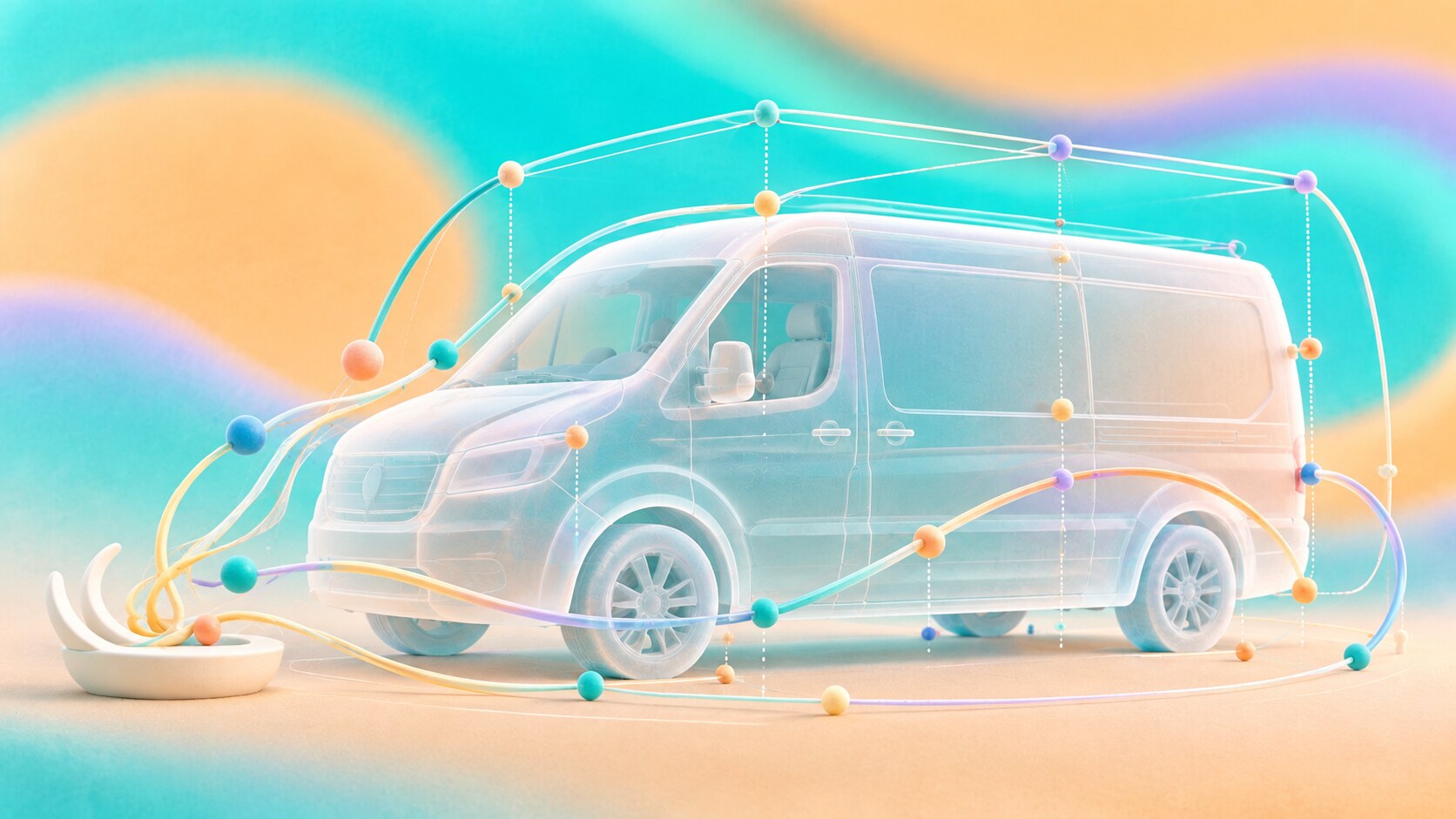 Translucent matte van surrounded by measurement arcs, panel guides and colored reference points.