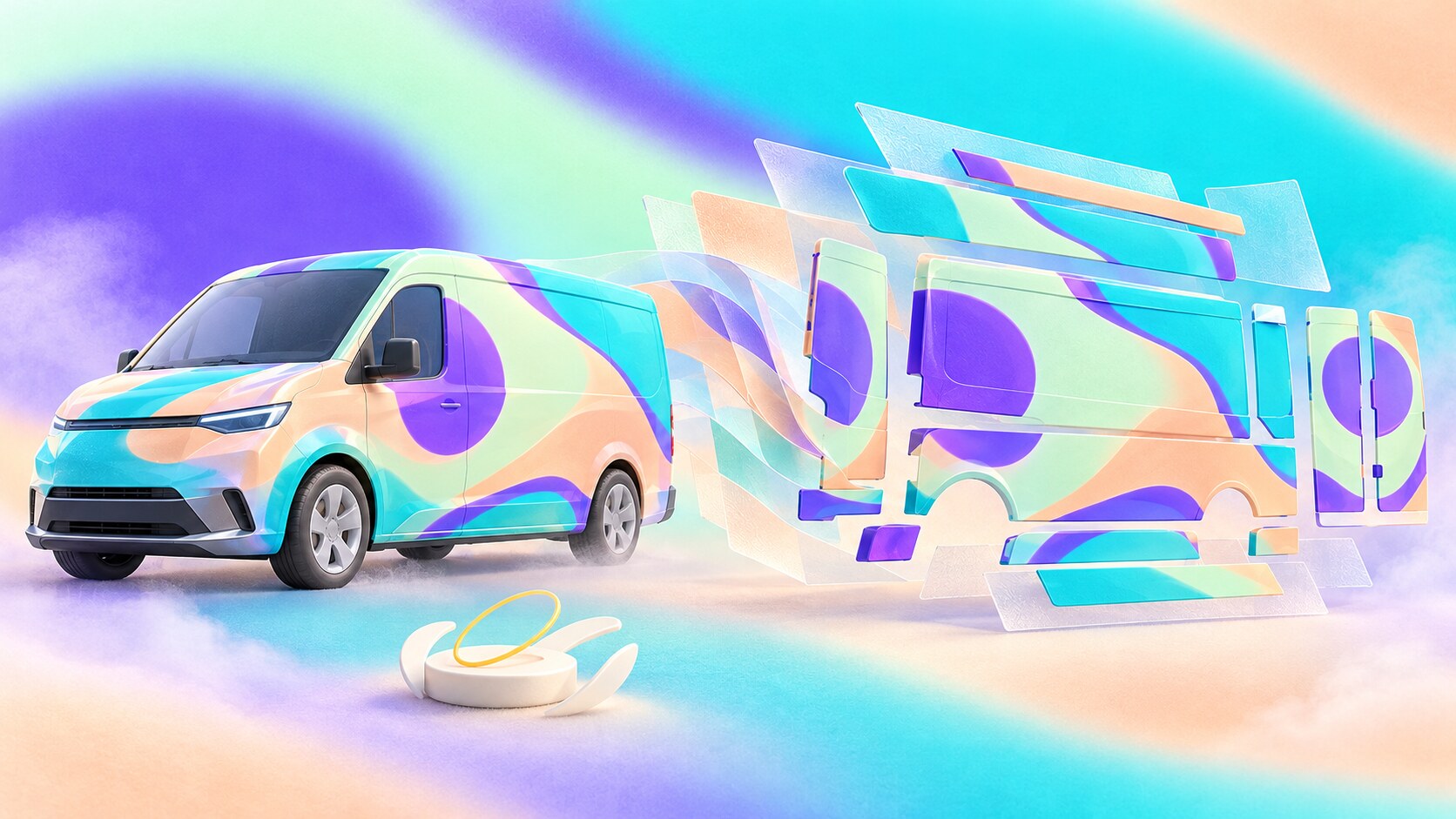 Abstract wrapped van beside separated flat vehicle-artwork panels prepared for production.