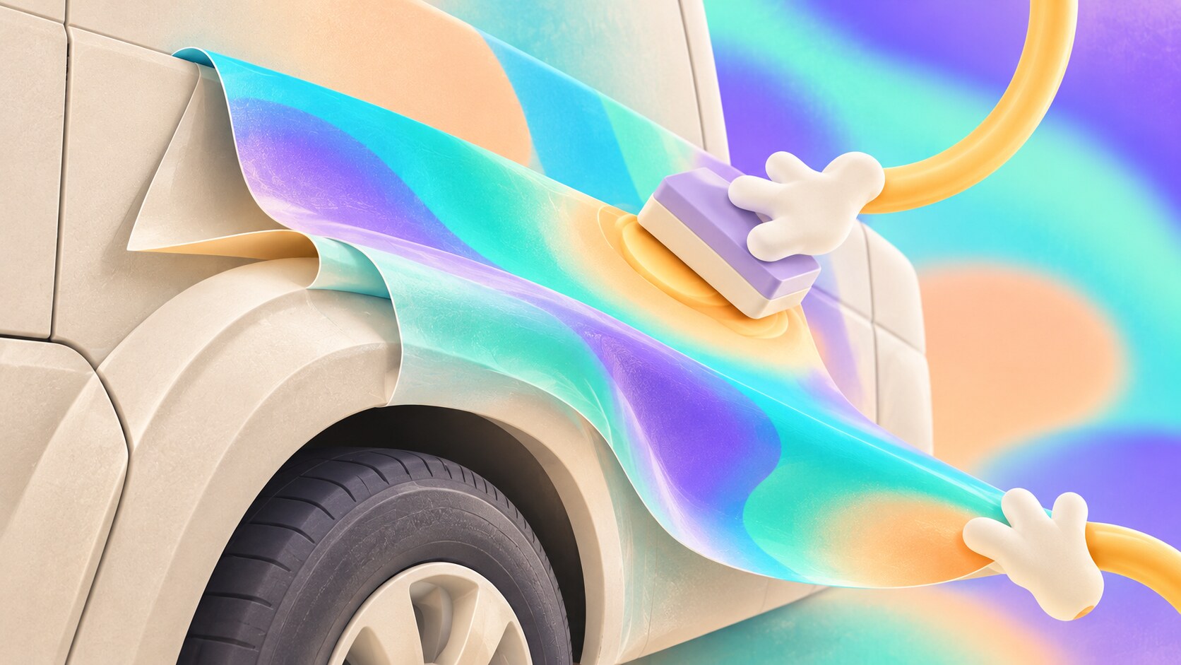 Close view of colorful wrap film being pressed over a curved van panel and wheel arch.