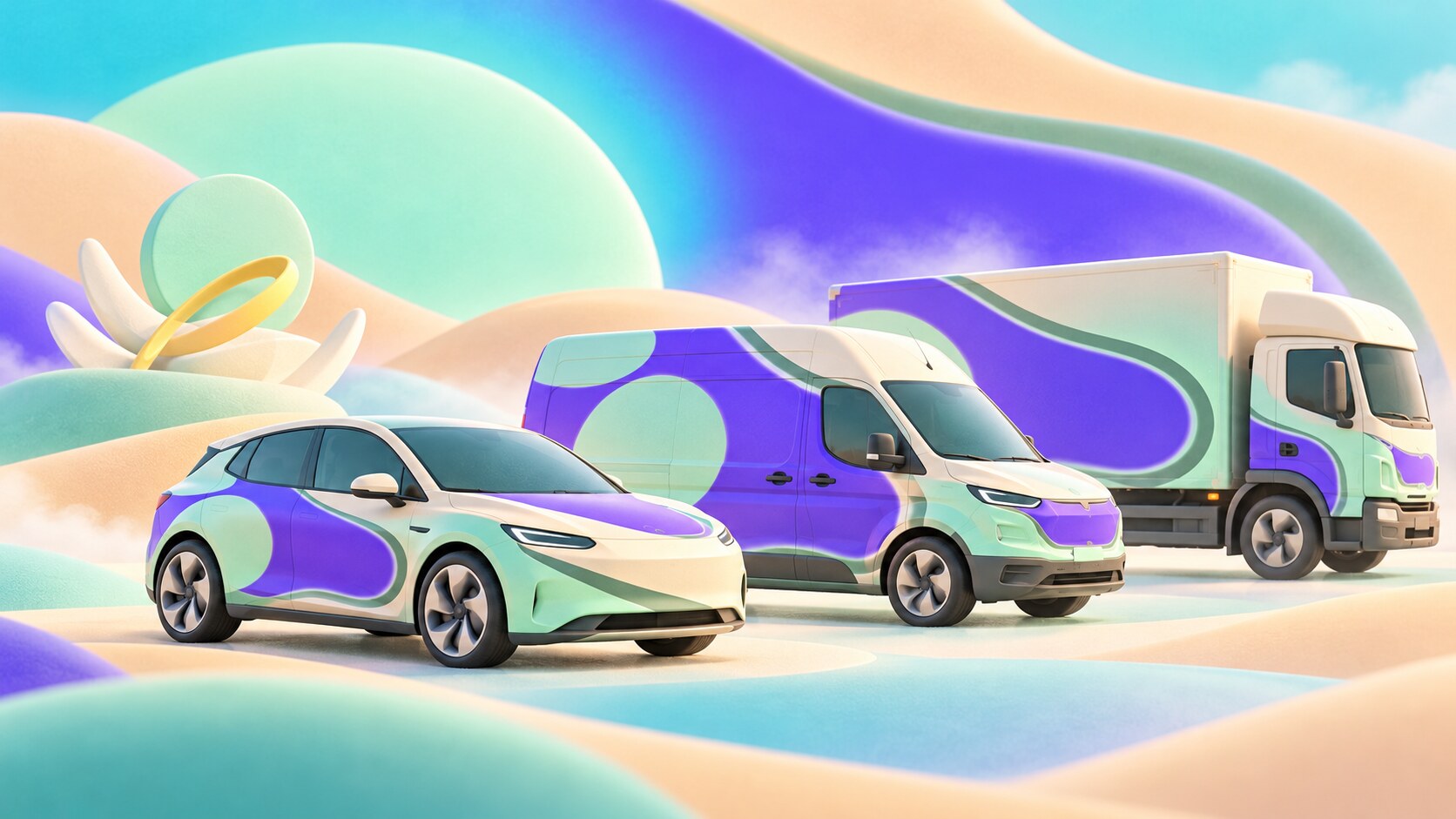 Several differently sized branded fleet vehicles sharing a recognizable color and graphic system.