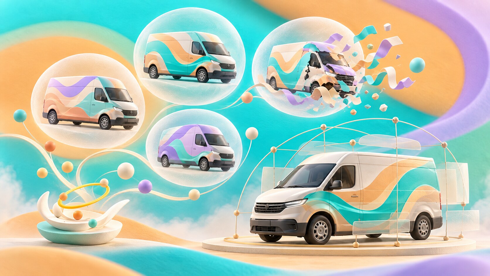 Measured van beside floating wrap concepts, including one variation breaking into impossible panels.