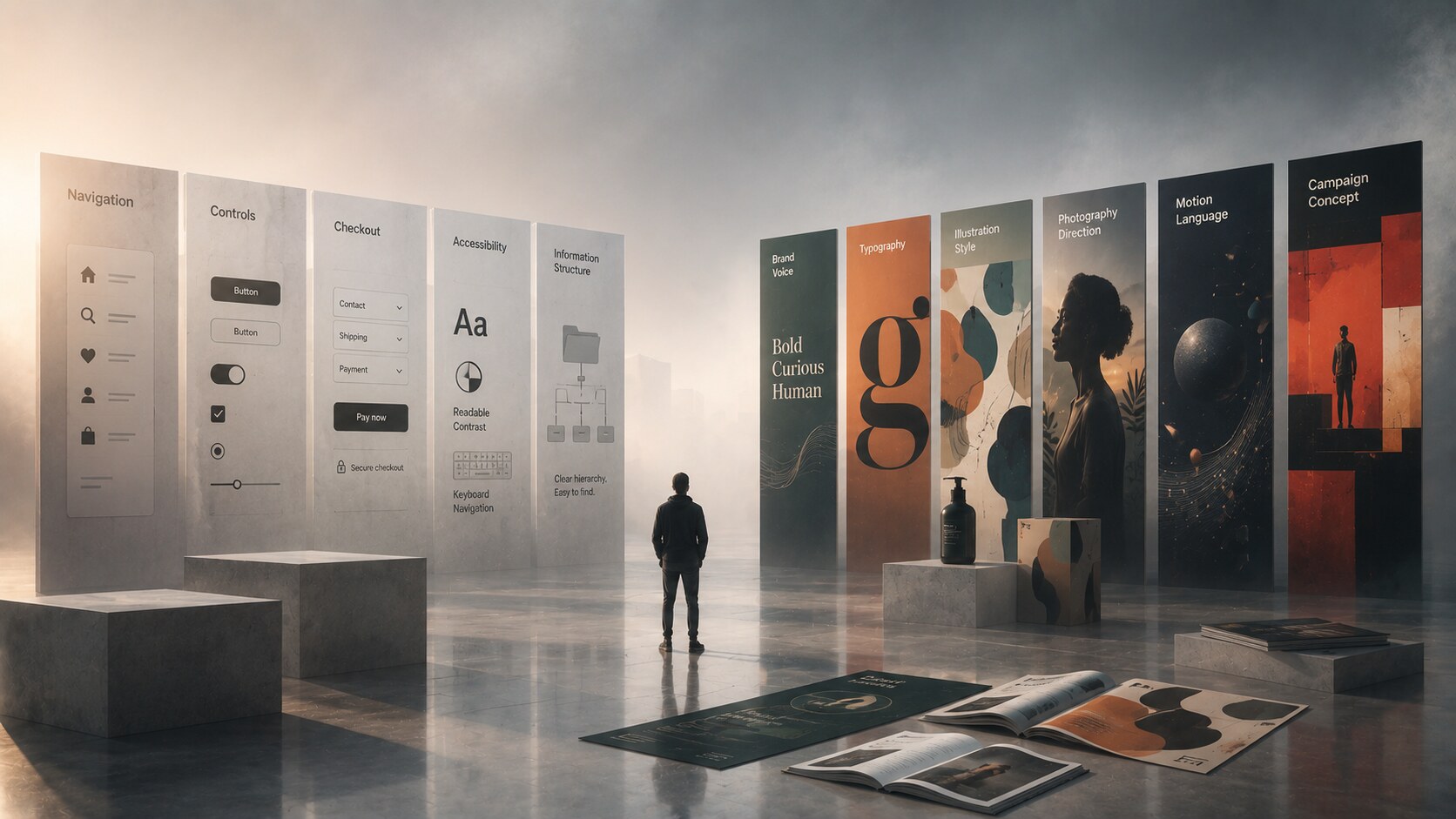 Designer sorting references into categories such as function, tone, typography, layout, and brand cues instead of copying one source too literally.