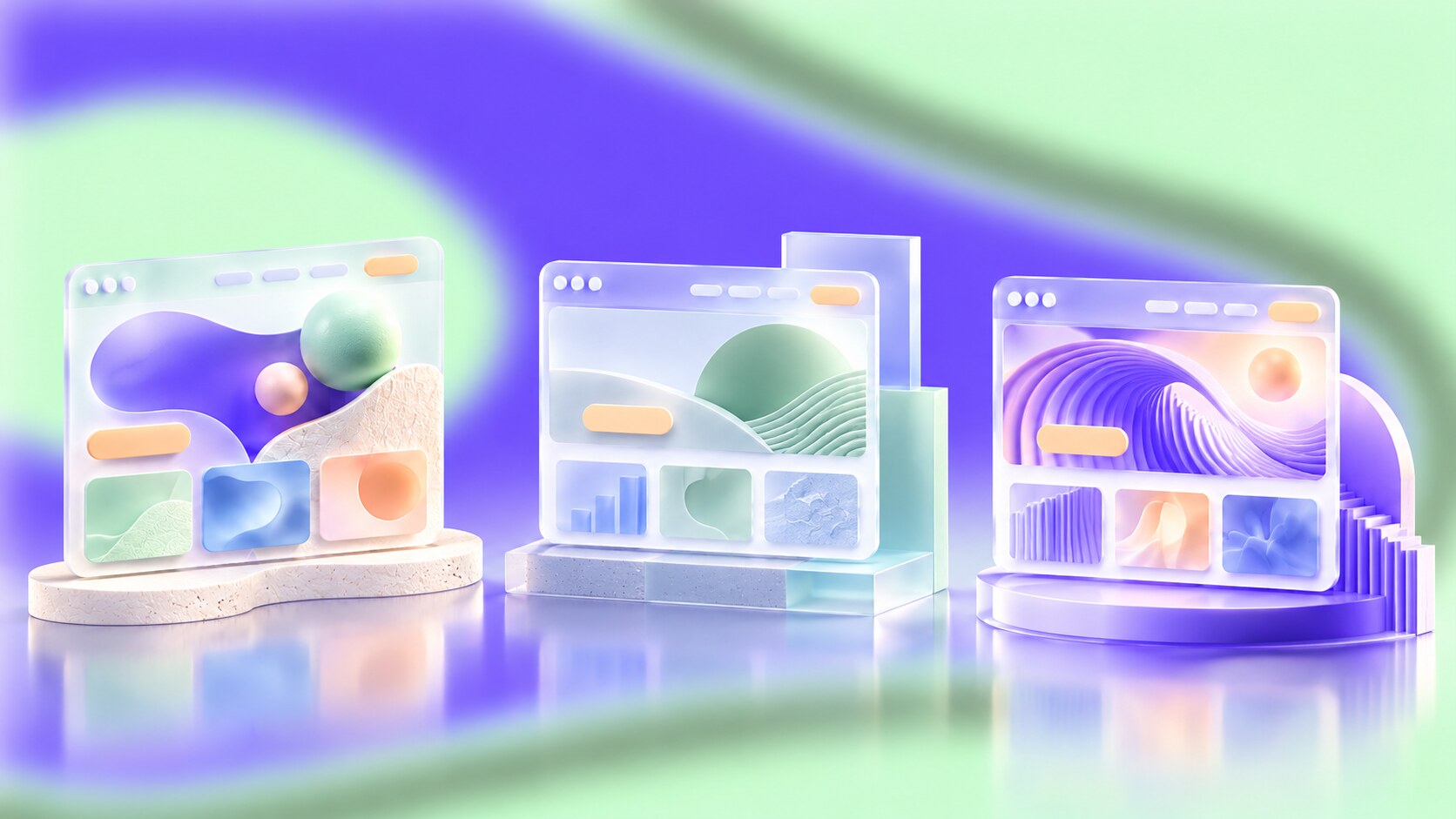 Three distinct website concepts for different audiences, each with clear navigation and a visible main action.