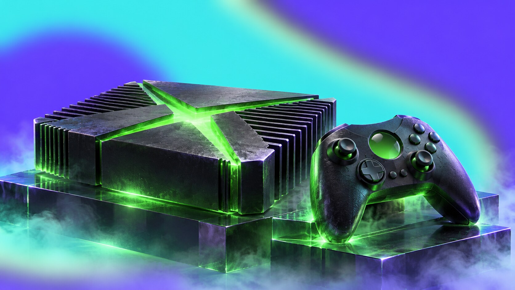 Original 2001 Xbox console, green X symbol, black casing, controller and early launch graphics.