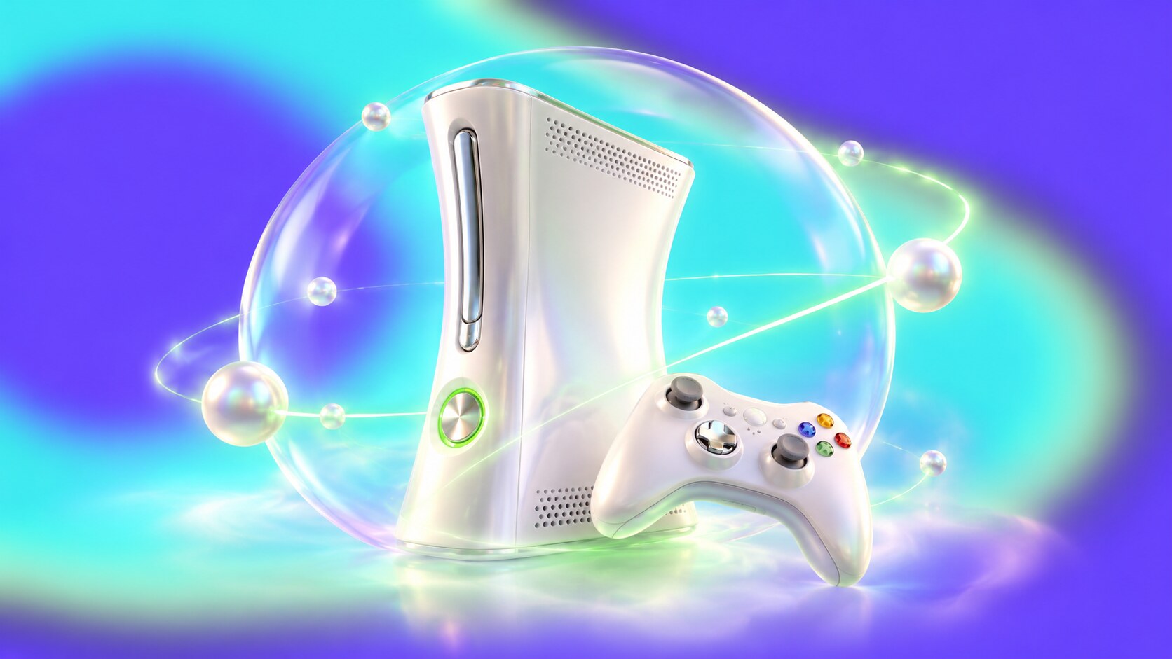 White Xbox 360 console and controller with green sphere logo, friendlier typography and launch packaging.