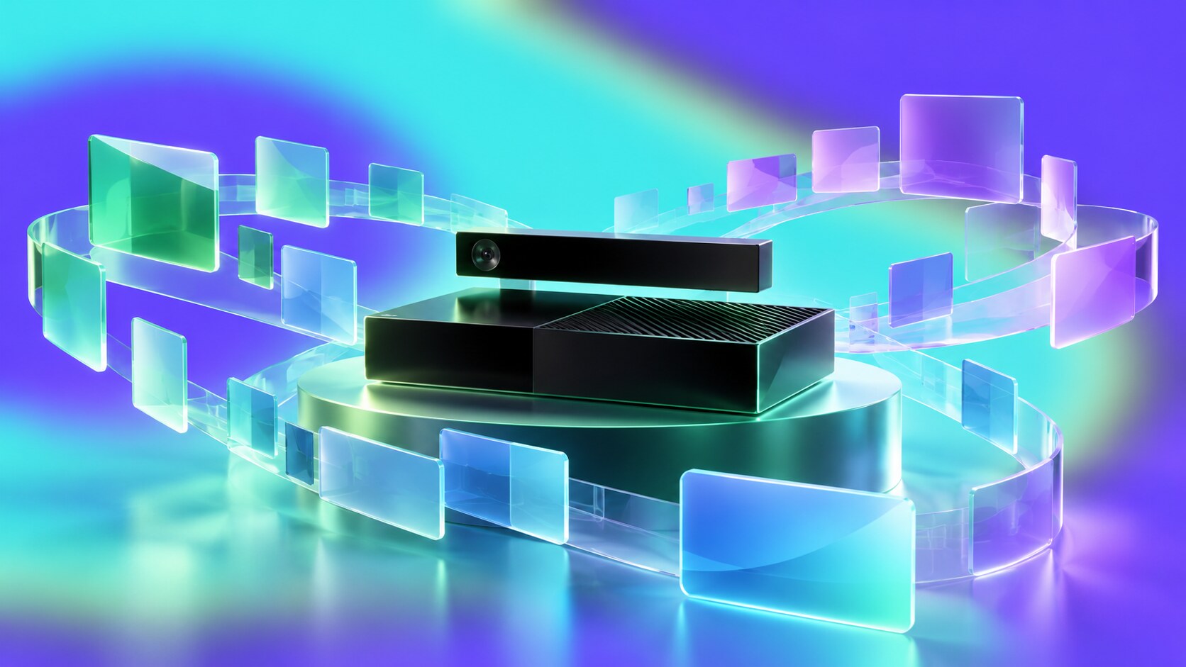 Xbox One black console, Kinect sensor and tiled dashboard expressing Microsoft's 2013 all-in-one entertainment strategy.