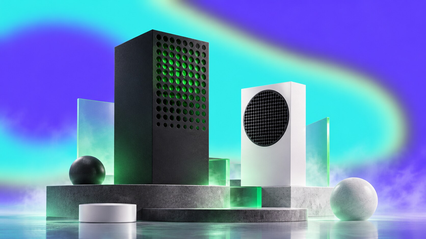 Xbox Series X black tower and white Series S showing geometric console design and the green accent beneath the Series X vent.
