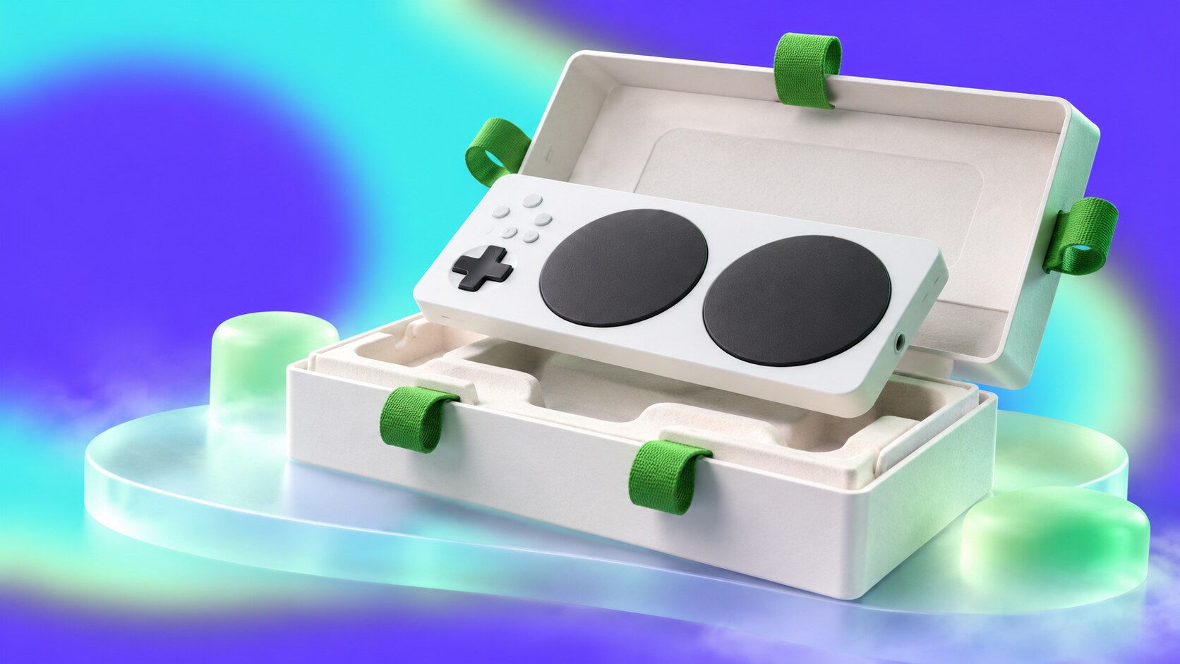 Xbox Adaptive Controller and its accessible packaging with large opening loops and a low-effort hinged lid.