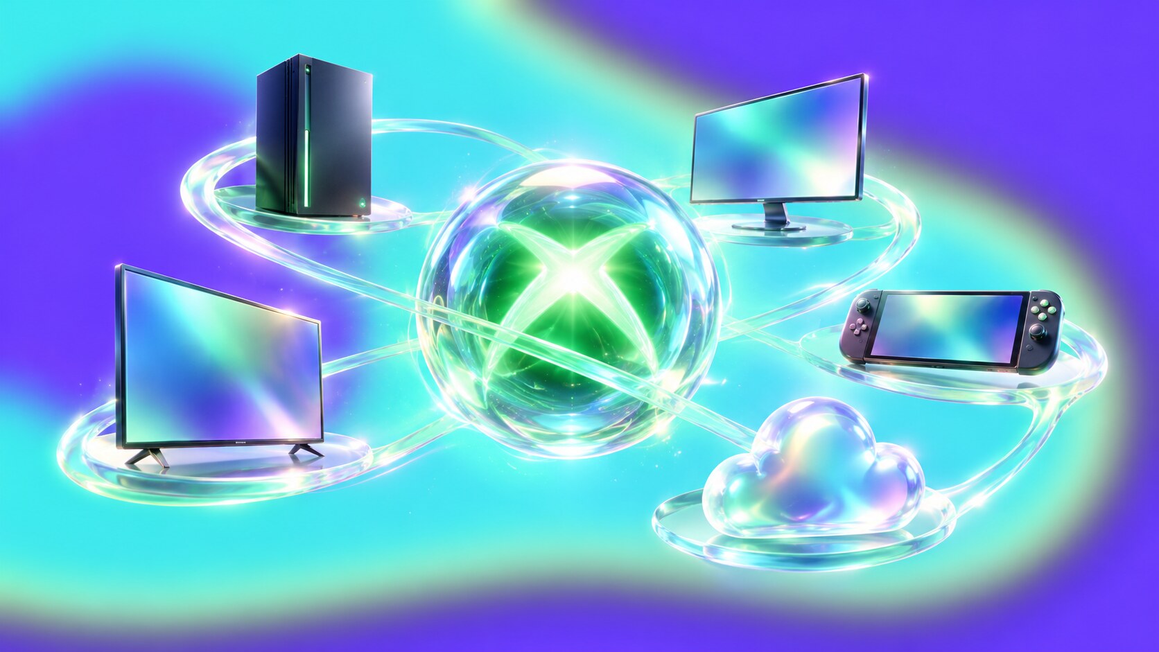 Xbox identity extending across console, Windows PC, handheld, television and cloud gaming while retaining its green X.