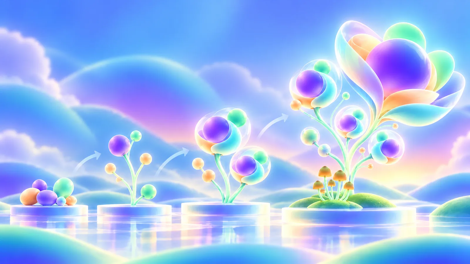 Seed-to-bloom visual metaphor evolving from rough shapes into campaign-ready illustration
