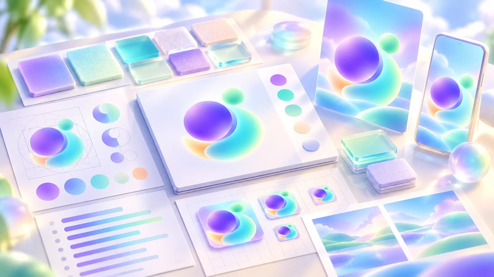 Brand identity materials showing colour samples, symbol construction, and digital applications