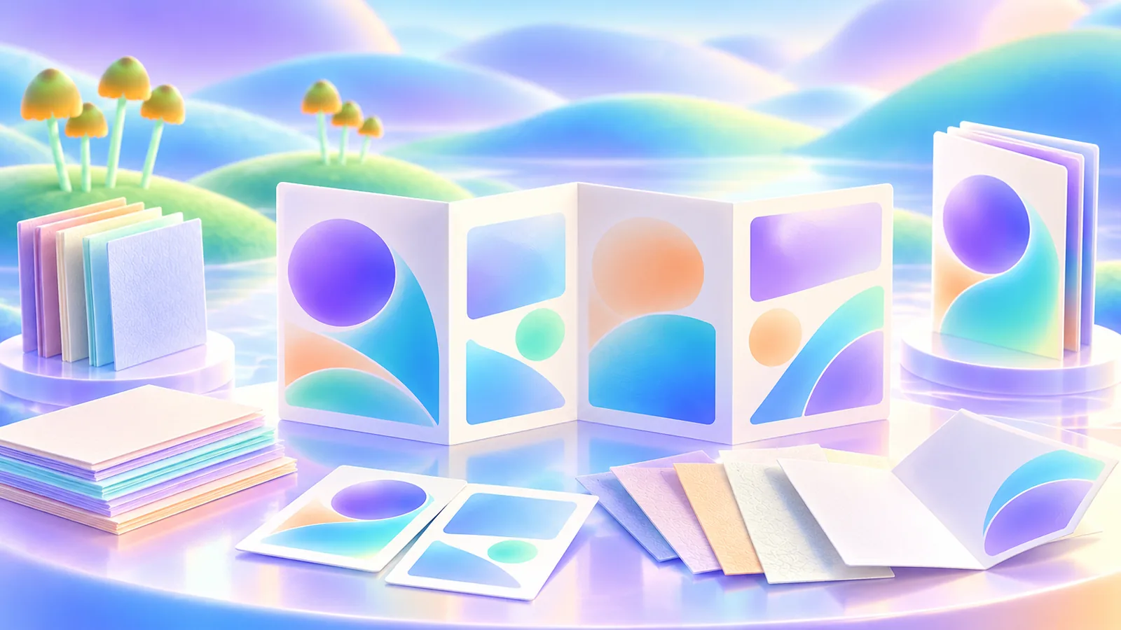 Folded brochure dummy surrounded by paper samples, panel cards, and alternative leaflet formats