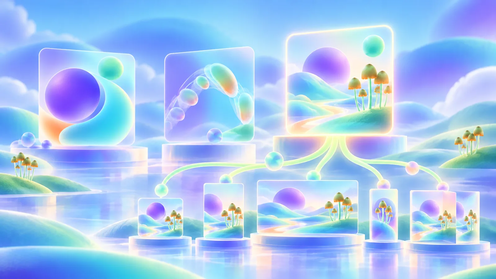 Three abstract creative directions compared, with one branching into a coordinated family of campaign formats
