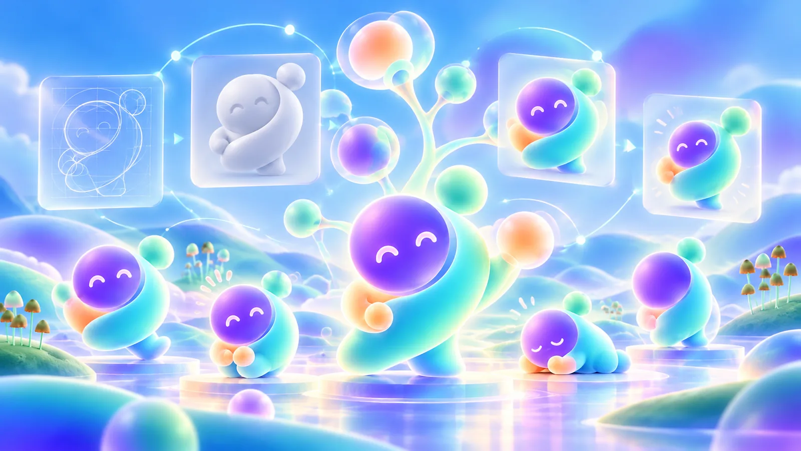 Friendly curved character explored in consistent poses, expressions, and applications