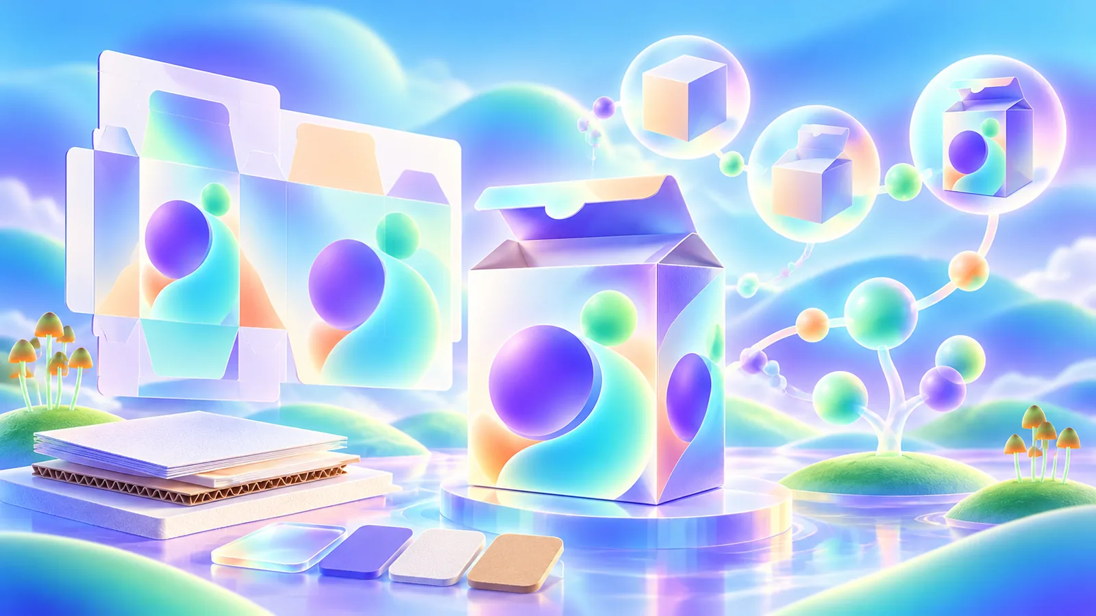 Coordinated cartons shown across shelf, opening, dieline, and material prototype views