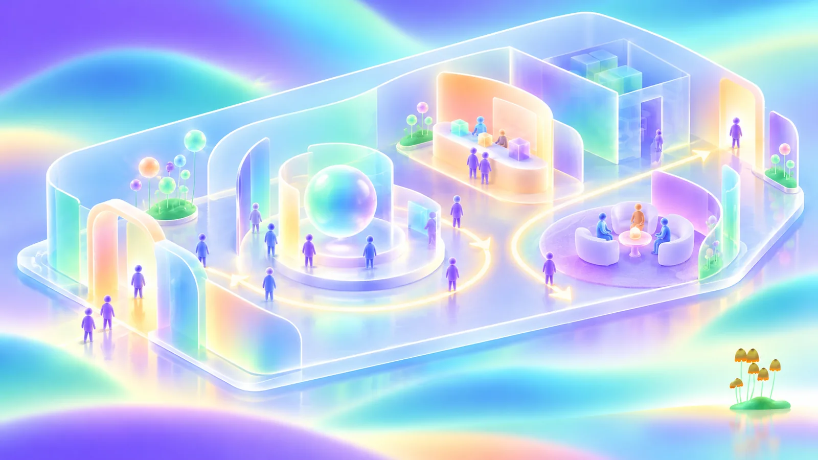 Open exhibition stand with clear arrival, display, and conversation zones