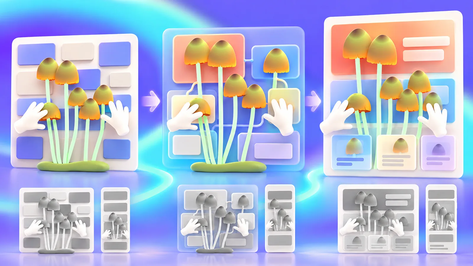 Content blocks progressing from equal weight to structured desktop, mobile, and grayscale hierarchies