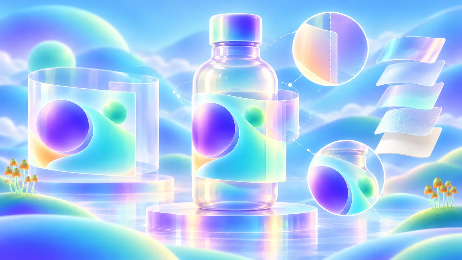 Coordinated abstract labels and sleeves fitted to a jar, bottle, and carton