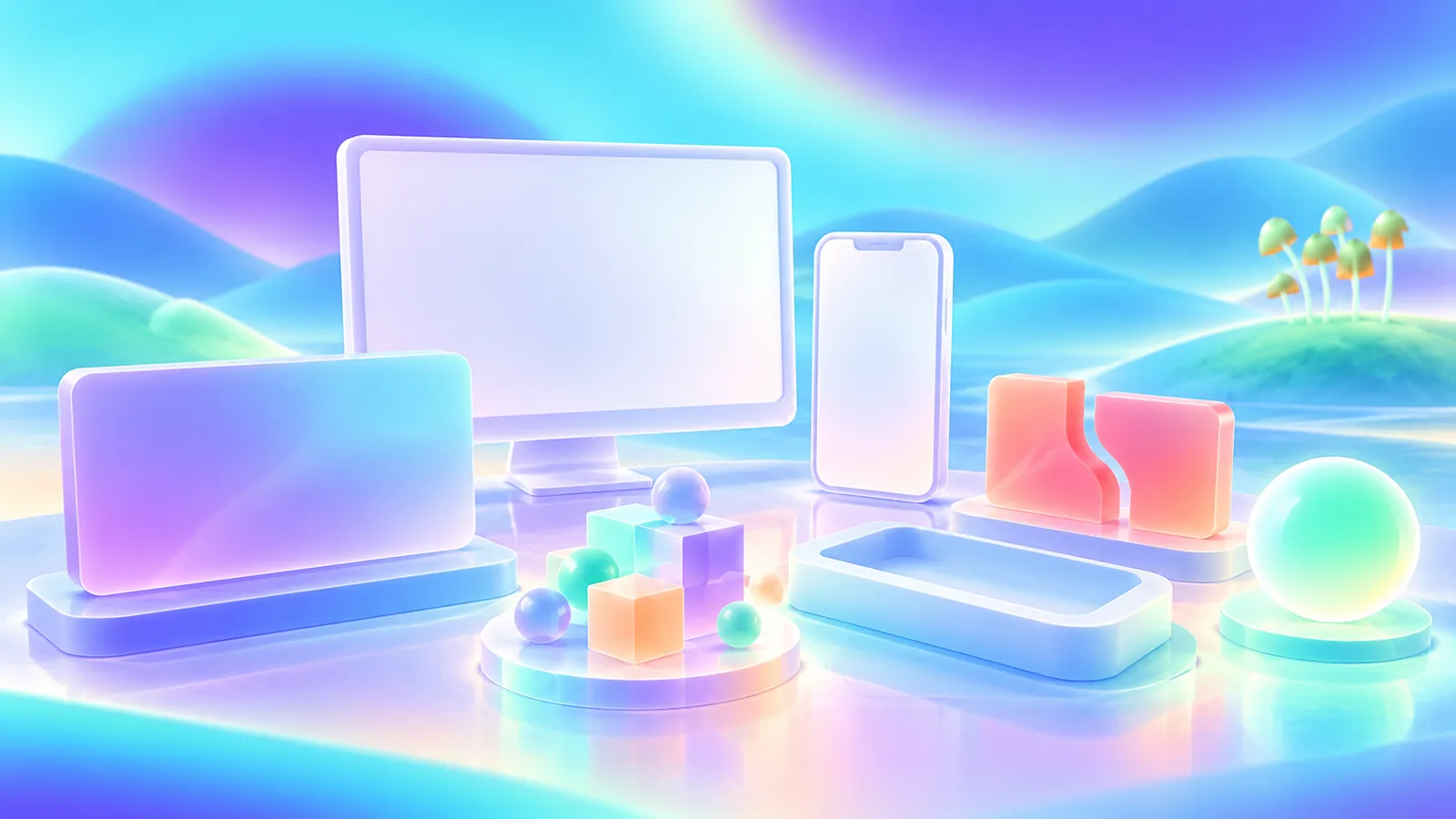 Blank desktop and phone frames beside modular hero, evidence, input, interruption, and completion elements
