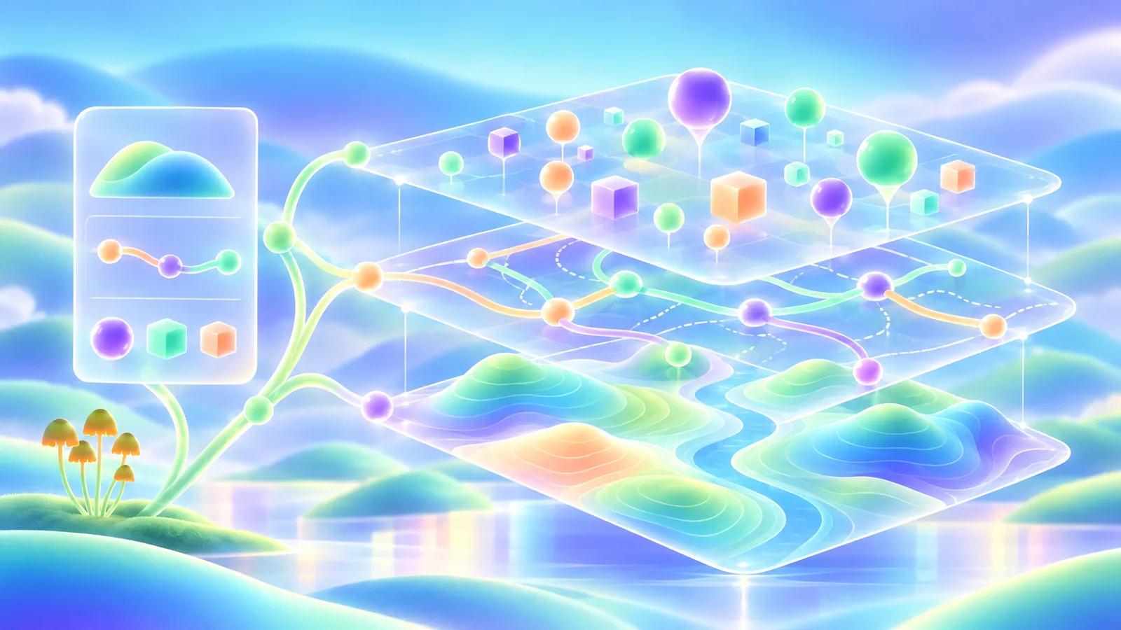 Transparent terrain, route, and landmark layers aligning into one fictional map