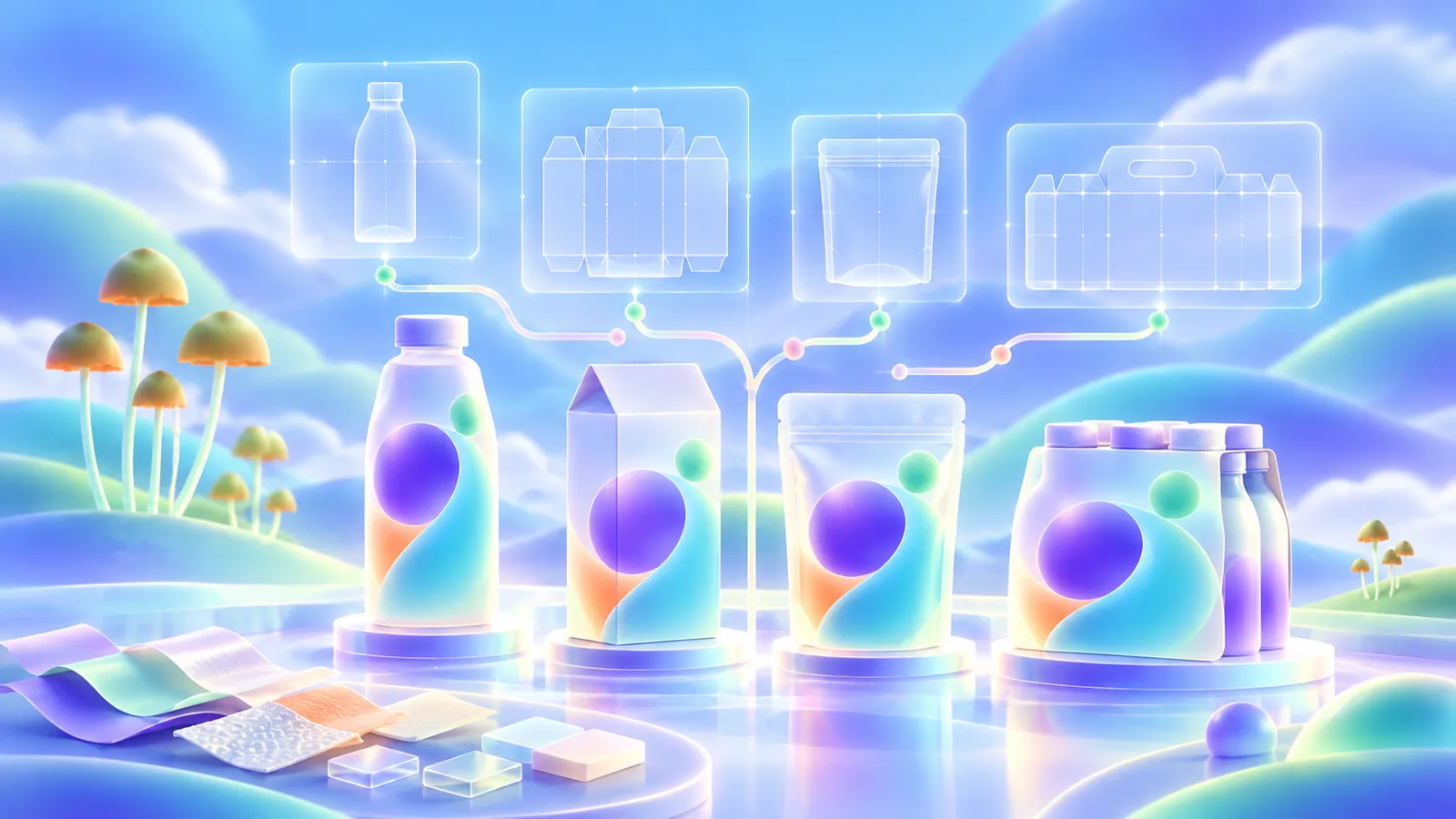 Packaging dielines, material swatches, and coordinated bottle, carton, pouch, and multipack prototypes