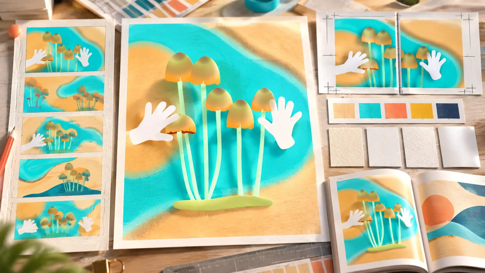 Print advertisement concept routes, selected artwork, paper proofs, crop marks, and magazine context