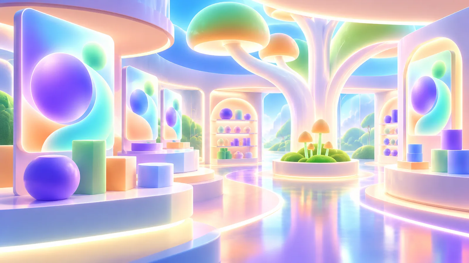 Bright retail journey linking entrance, product zones, displays, and service point