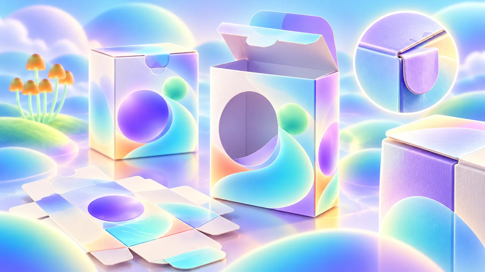 Packaging prototypes showing a flat dieline, folded cartons, die-cut window, seams, and closure tabs