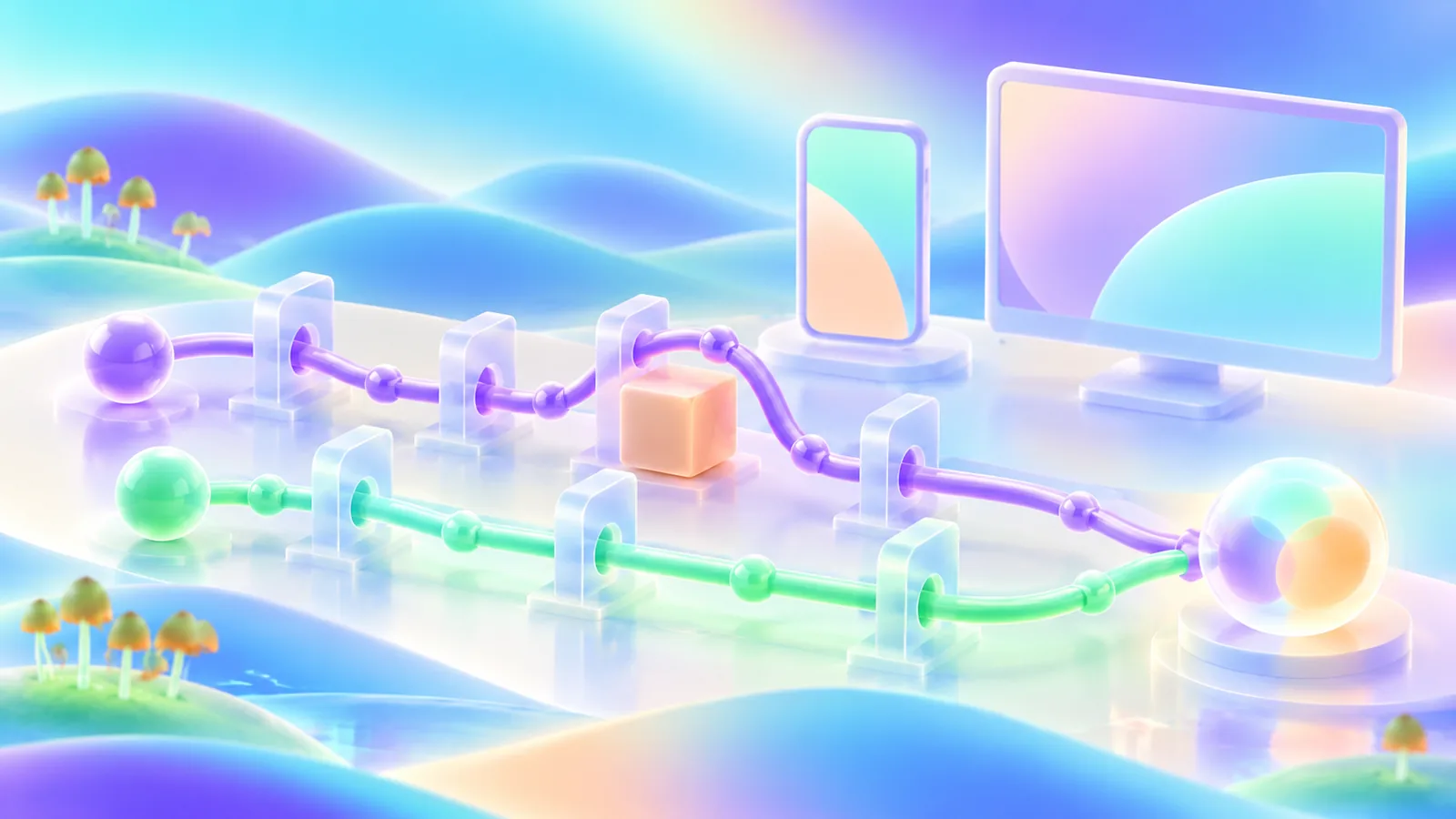 Two prototype journey paths passing through test gates, with an interruption and recovery route to a shared goal